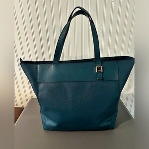 TUMI Teal Green Large Leather Tote Bag with Zipper Closure